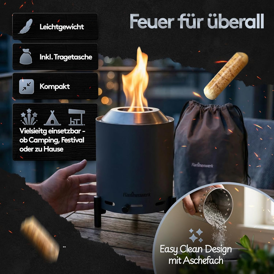 Raucharmes Tischfeuer für Pellets & Holz – Kompaktes Outdoor-Flammenfeuer mit 360° Luftregulierung,