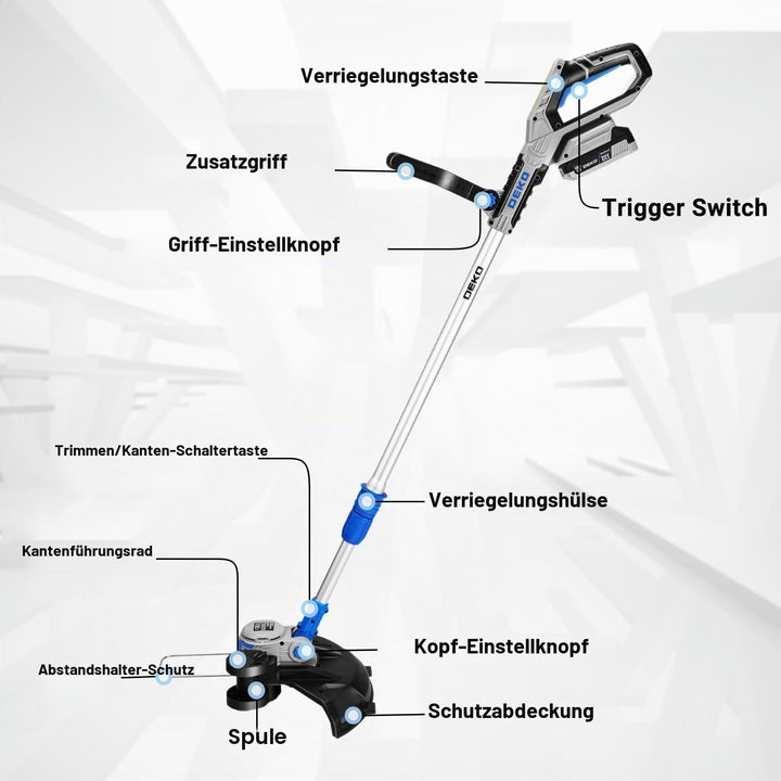 DEKOPRO Elektrischer Rasentrimmer, kabellos, mit 2 Batterien, 20 V, für Bearbeitungsarbeiten, Massiv