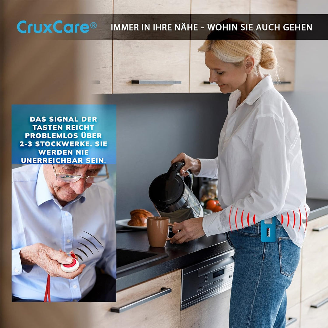 CruxCare C1 Notrufknopf für Senioren - Paniktasten und Pager für Pflegepersonal - 2 Ruftasten & 1 Dr