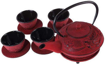 Lachineuse – Teeservice aus Gusseisen – Motiv Asiatischer Drache – 4 Personen Drache Rot, Drache Rot