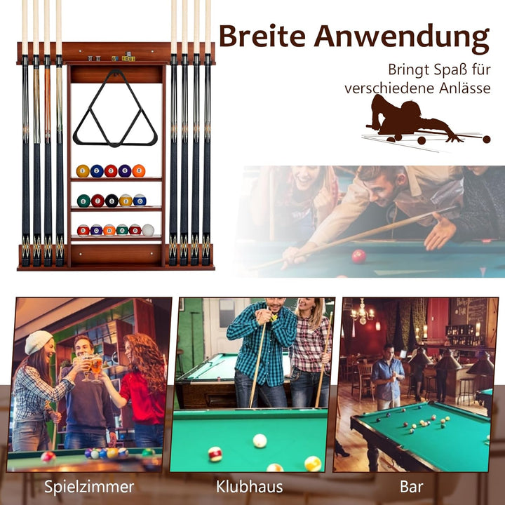 GOPLUS Billardständer, Pool Queue Halter aus Kiefernholz mit 8 Queue-Stifte, 3-stufig, Ball Rack Hal