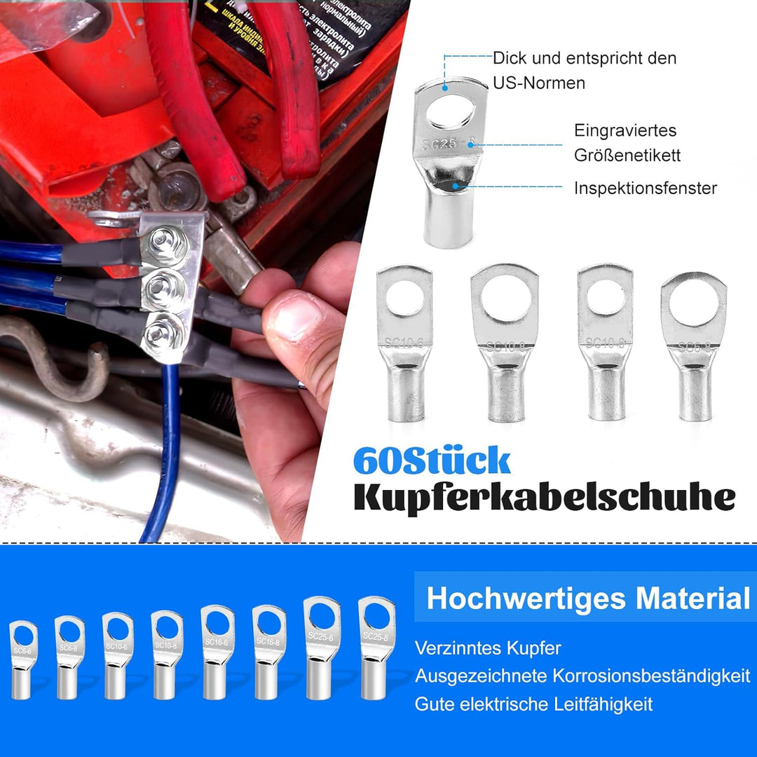 Crimpzange Kabelschuhe AWG Draht Crimper mit 100 Stück Schrumpfschlauch und 60 Kupferanschlüsse, bat