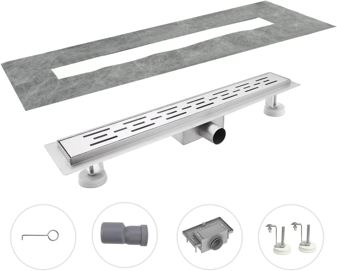 Duschrinne 60 cm, Strips Duschrinne extra flach, Edelstahl Bodenablauf Komplettset mit Siphon Haarsi