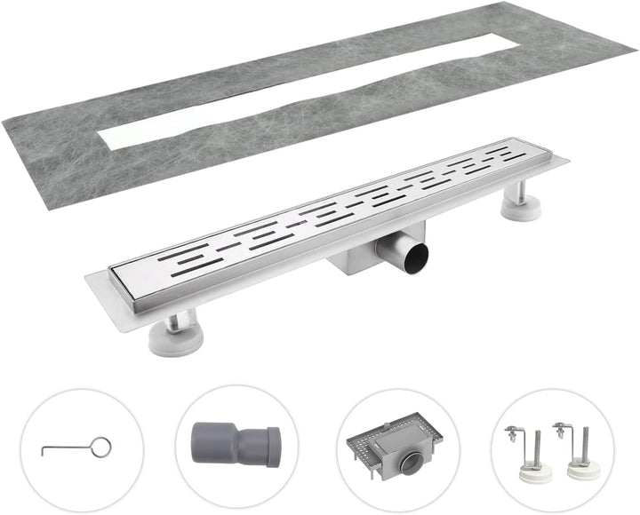 Duschrinne 60 cm, Strips Duschrinne extra flach, Edelstahl Bodenablauf Komplettset mit Siphon Haarsi