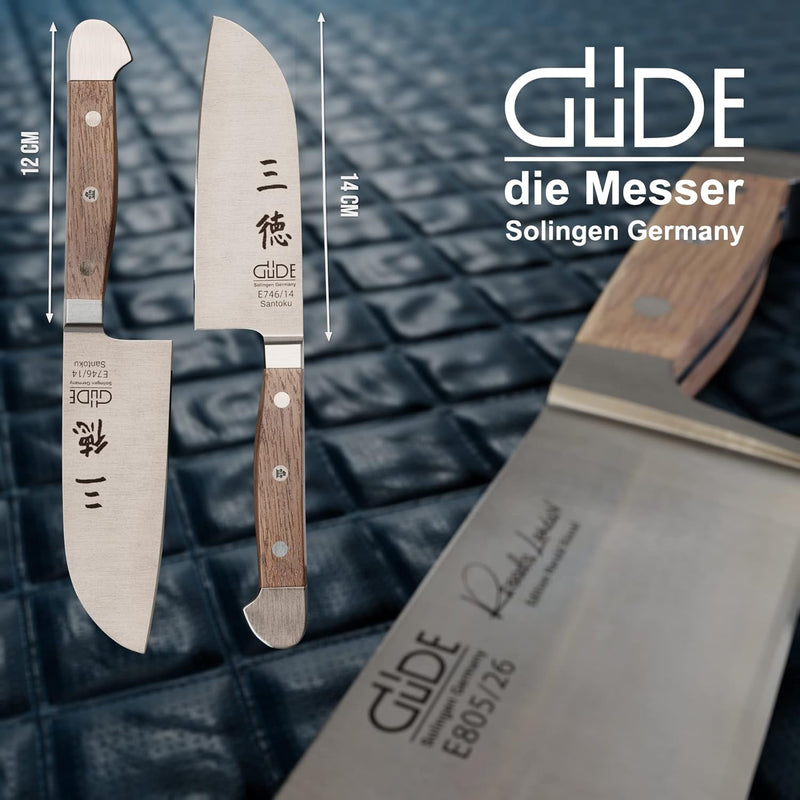 GÜDE Solingen - Santoku Messer geschmiedet, 14 cm, Fasseichenholz, ALPHA FASSEICHE, Doppelkropf, Han