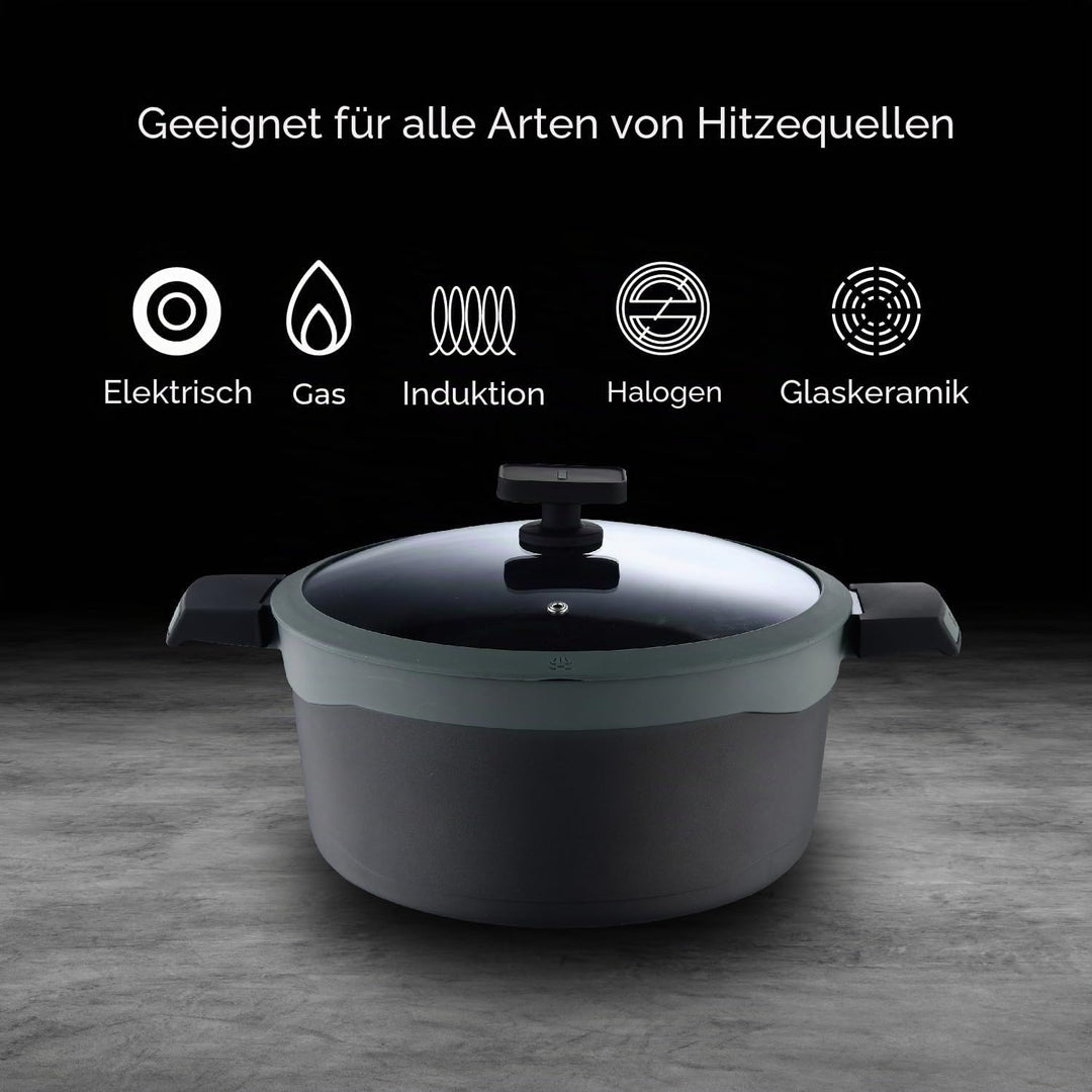 MasterPRO Gastro Reeco | 24 cm und 12 cm Höhe Stieltopf mit Deckel | Heatdot | Recycelter Aluminiumg