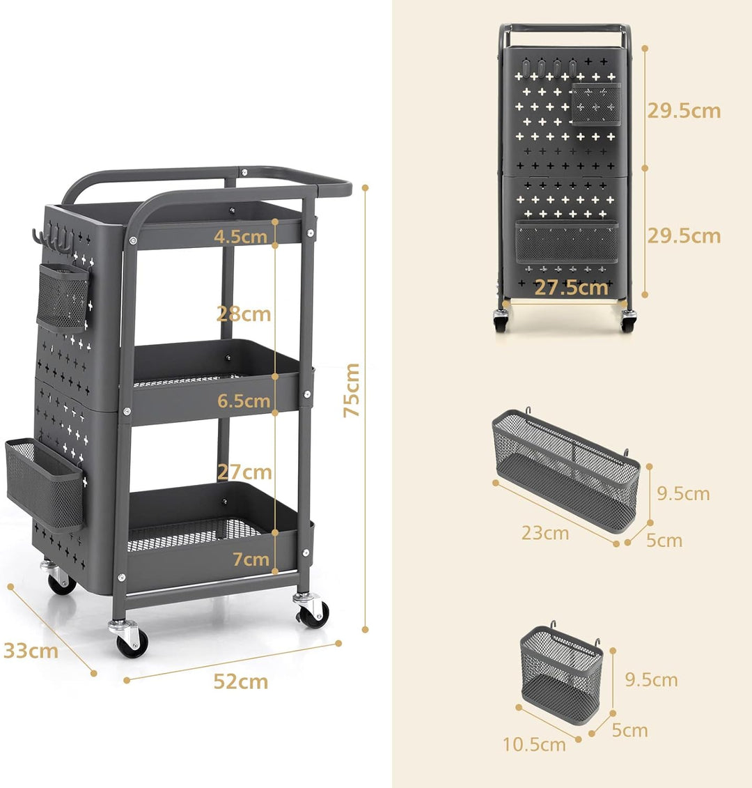 GOPLUS 3-stöckiger Rollwagen, Werkzeugwagen mit 2 Steckplatten, 2 Körben 4 abnehmbaren Haken, mobile