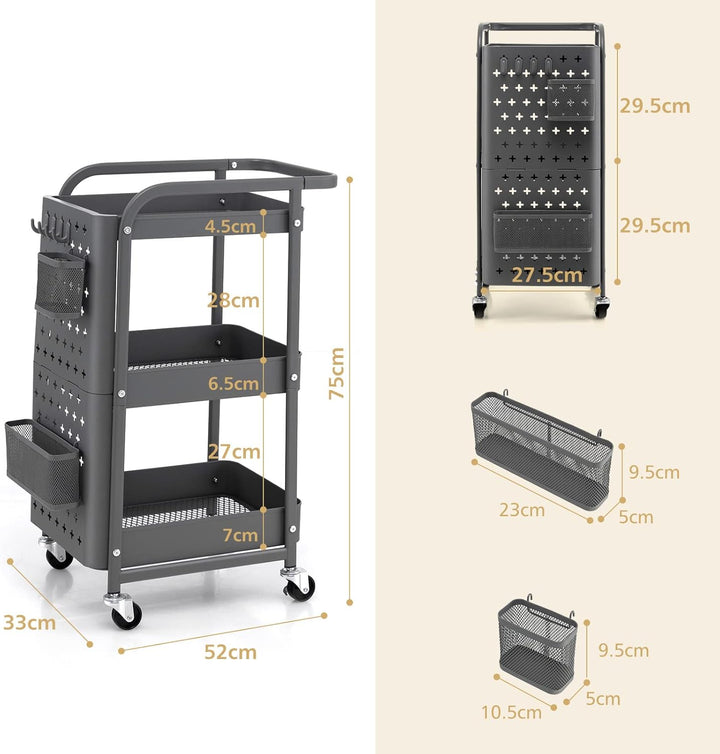 GOPLUS 3-stöckiger Rollwagen, Werkzeugwagen mit 2 Steckplatten, 2 Körben 4 abnehmbaren Haken, mobile