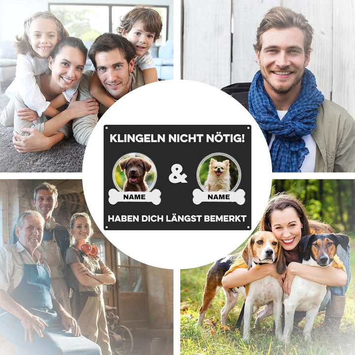 Hunde Schild personalisiert - Klingeln nicht nötig - Metallschild mit Foto und Name für aussen, wett