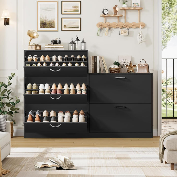 FirFurd Schuhschrank schwarz mit Schuhkipper für 12-24 Parre, Schuhregal platzsparend für Schuhaufbe