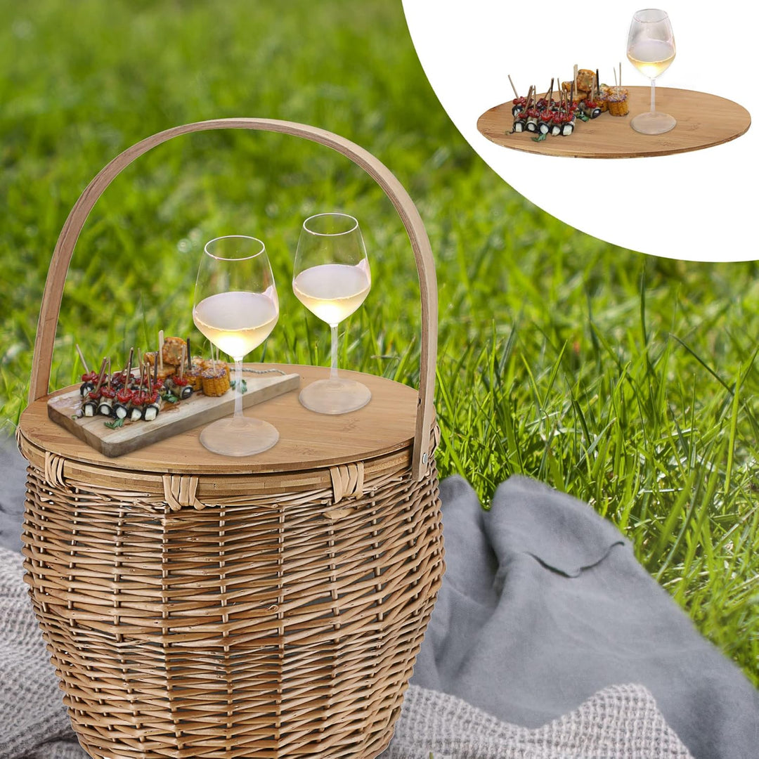 Picknickkorb mit Kühlfach│Picknicktisch Funktion │ Rattan 38x34cm Isoliertasche Holzdeckel │ Flechtk