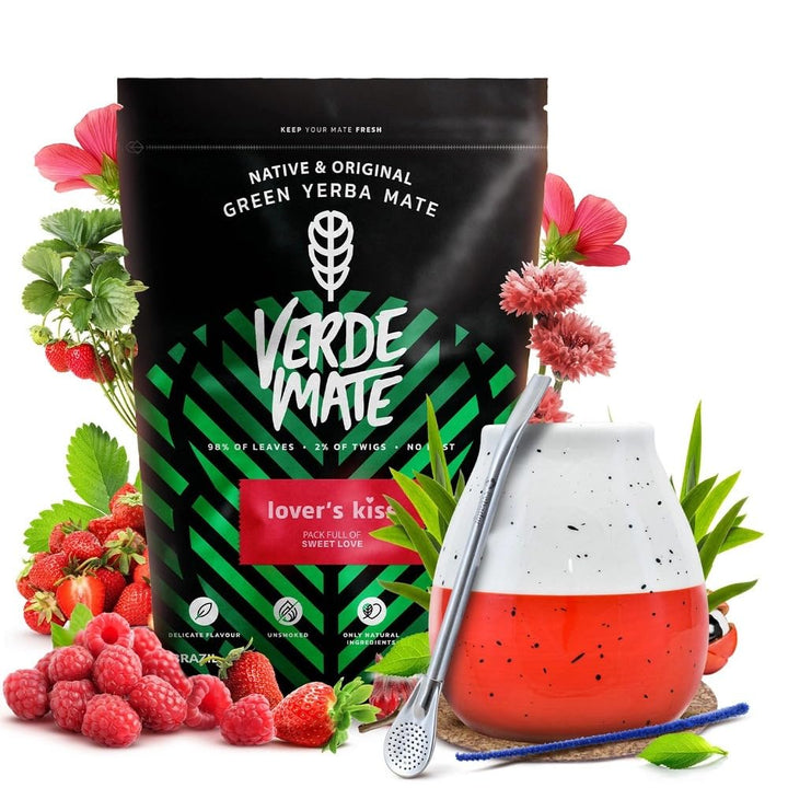 Mate Tee Set Verde Mate Lover's Kiss 400g - mit Mate Becher Toro 350ml, Bombilla und Zubehör - Brasi