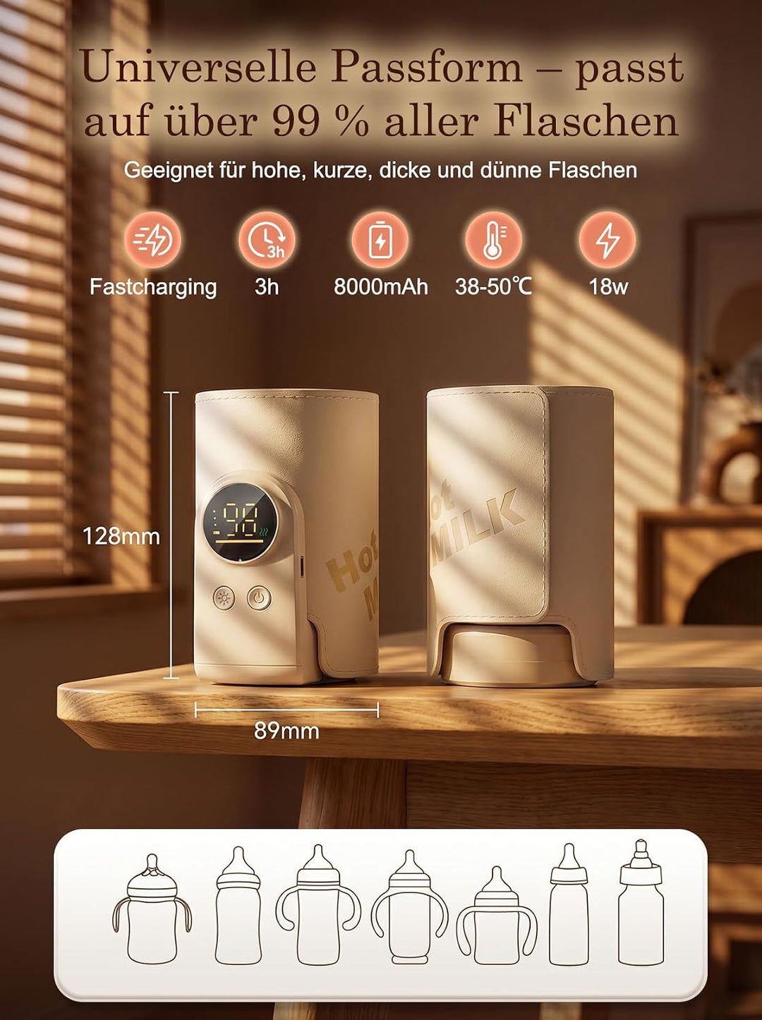 Drahtloses Milchwärmer, mit LED Temperaturdisplay 8000mAh Flaschenwärmer Baby Unterwegs 6 stufige Sc