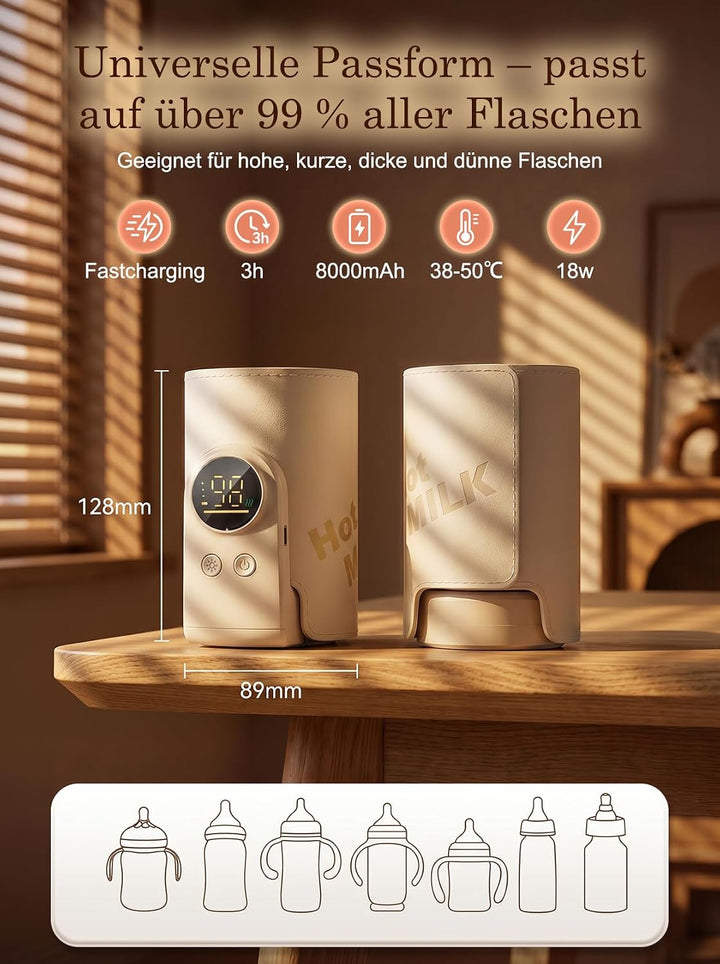 Drahtloses Milchwärmer, mit LED Temperaturdisplay 8000mAh Flaschenwärmer Baby Unterwegs 6 stufige Sc