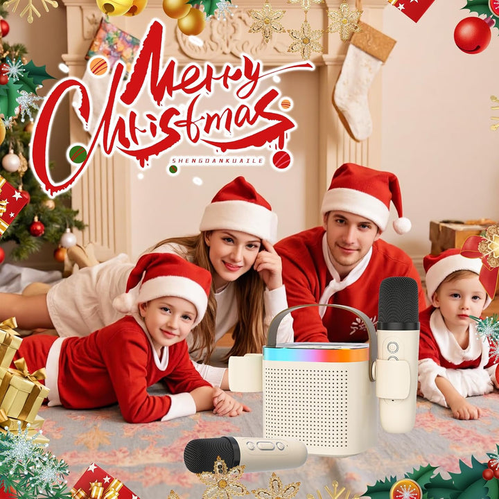 Mini Karaoke Maschine mit 2 Mikrofones, Kreative Musik Lautsprecher mit Mic Halter für Kinder Erwach