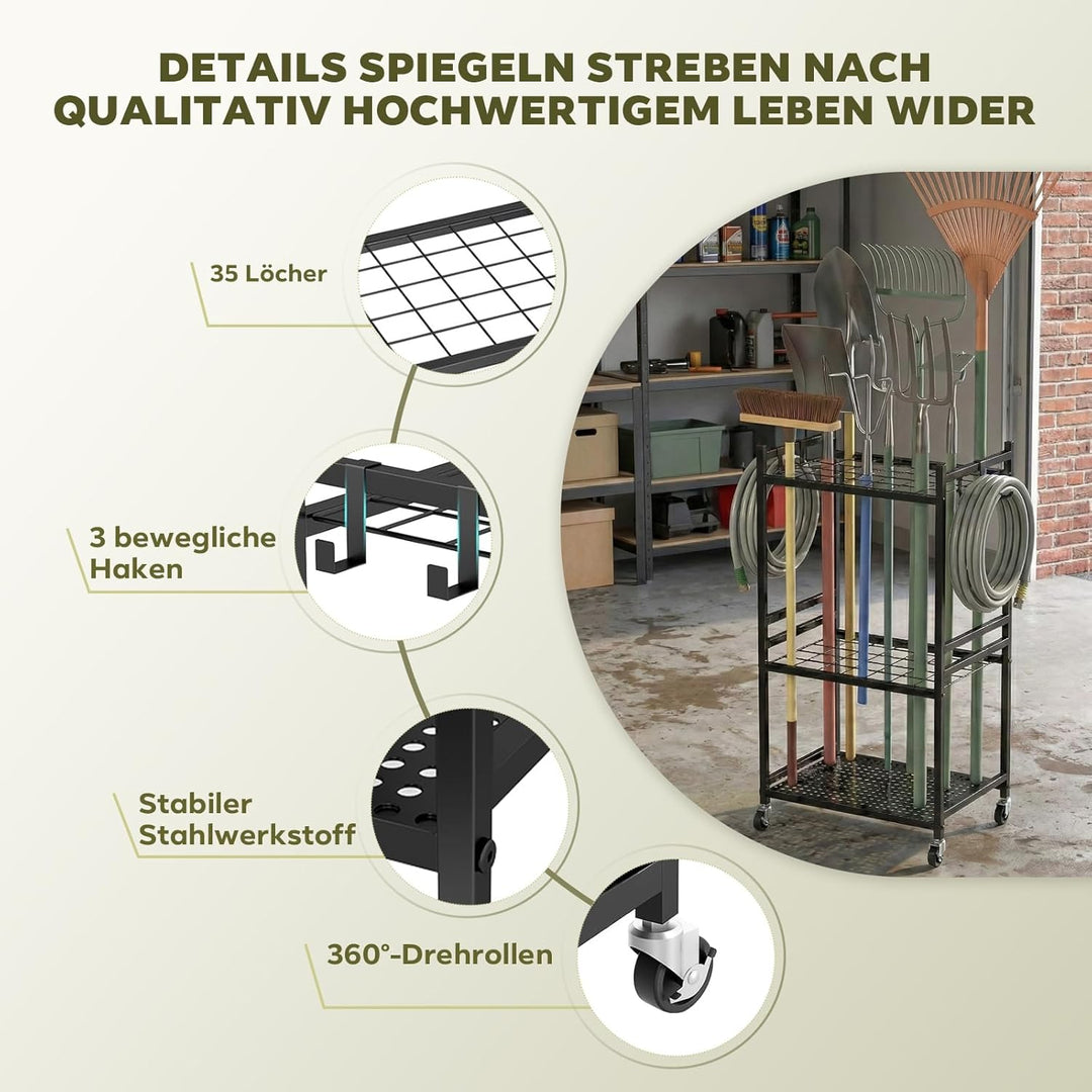 Garten-Werkzeugständer mit Rollen, 35 Gerätehalter, 3 Ebenen Metallregal, 43 x 30 x 79,4 cm, Schwarz