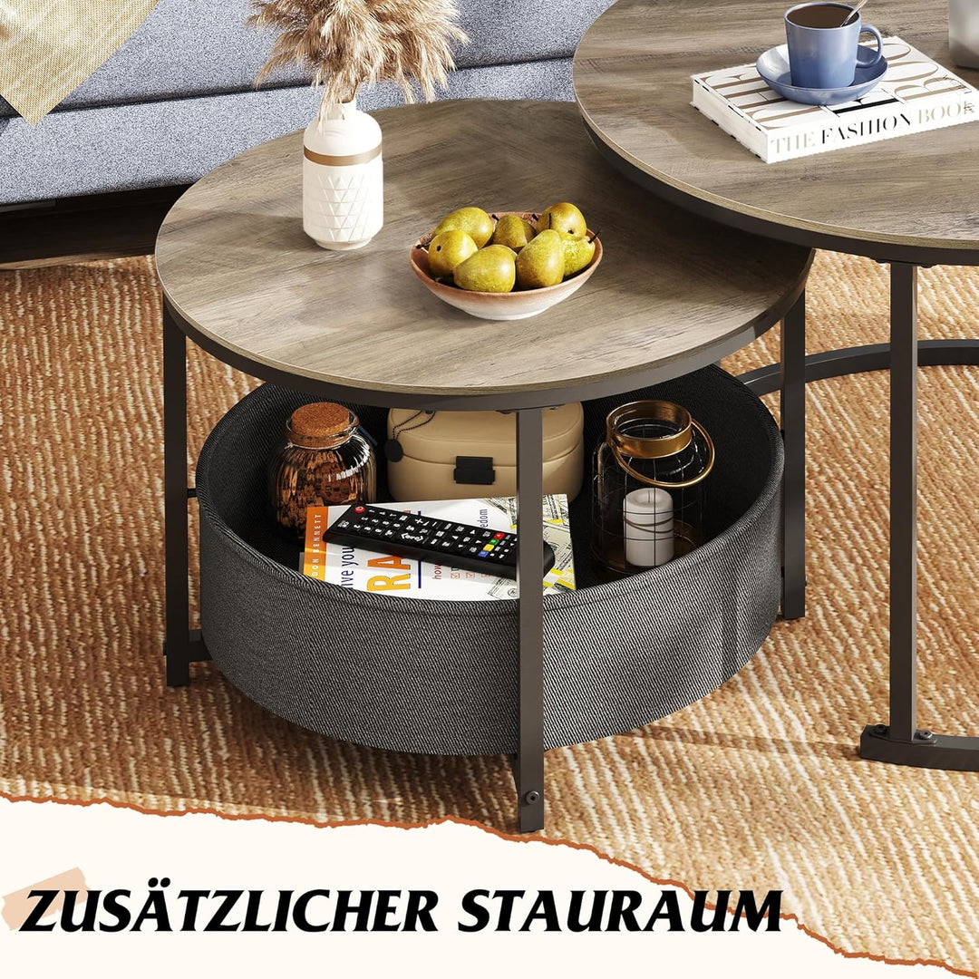 WLIVE Runder Couchtisch 2er Set, Moderne Wohnzimmertisch Rund, Beistelltisch mit Korb aus Stoff, 80