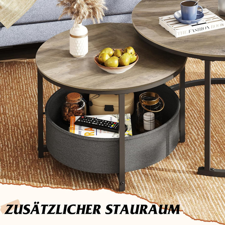 WLIVE Runder Couchtisch 2er Set, Moderne Wohnzimmertisch Rund, Beistelltisch mit Korb aus Stoff, 80