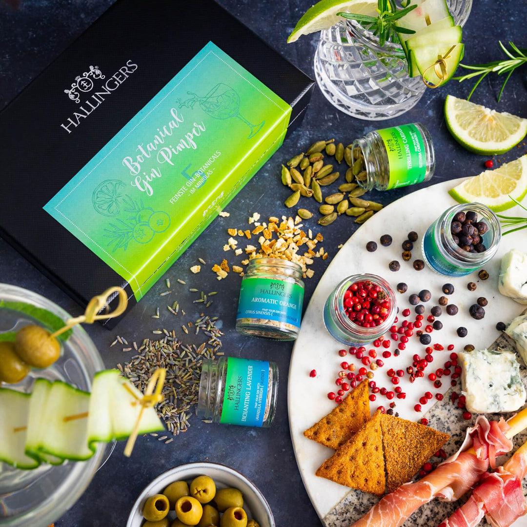 Hallingers Botanical Gin Pimper - Gewürz Geschenkset Gin handmade, 5 Gewürze als Gin-Botanicals (Set
