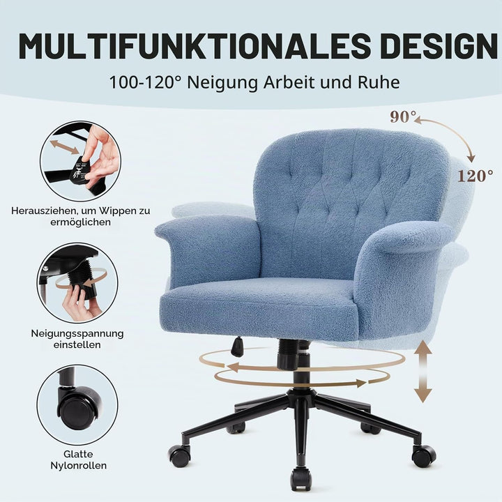 IWMH Schreibtischstuhl, Teddyfell Drehstuhl mit Rollen und Armlehnen, Moderner Höhenverstellbar Home
