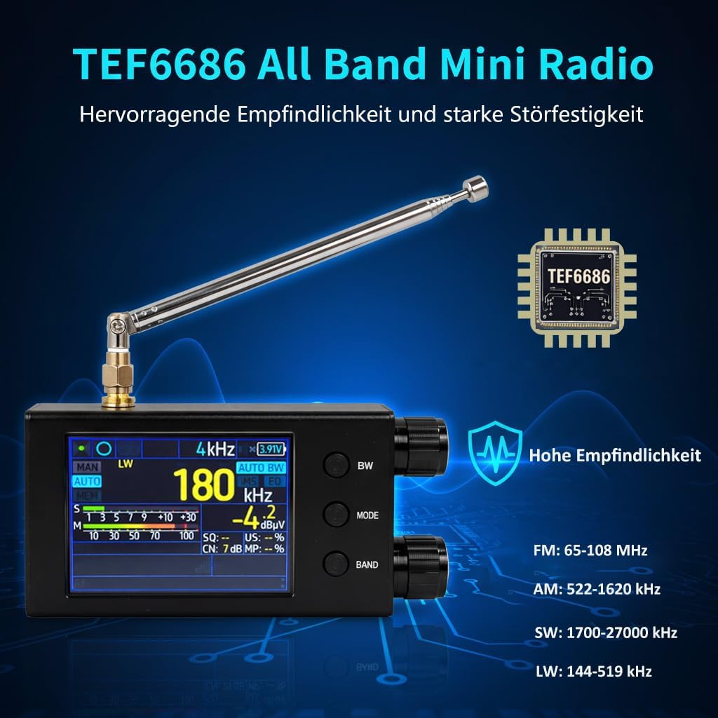 AURSINC TEF6686 Pocket Mini Radio V2.2, Shortwave Radio Receiver with RDS, 2.8-Inch Touchscreen Colo