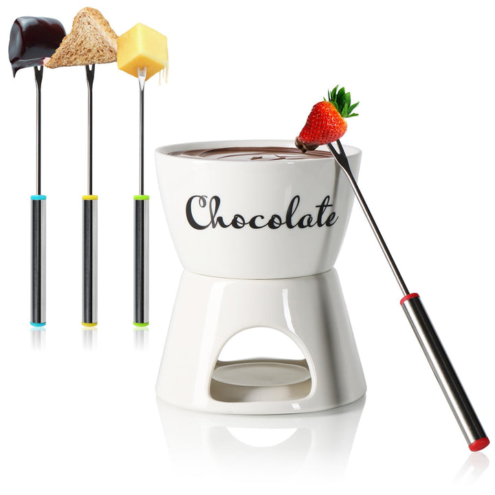 com-four® Schokoladenfondue-Set mit Schriftzug - Schmelztopf für Schokolade und Käse - Keramikschale