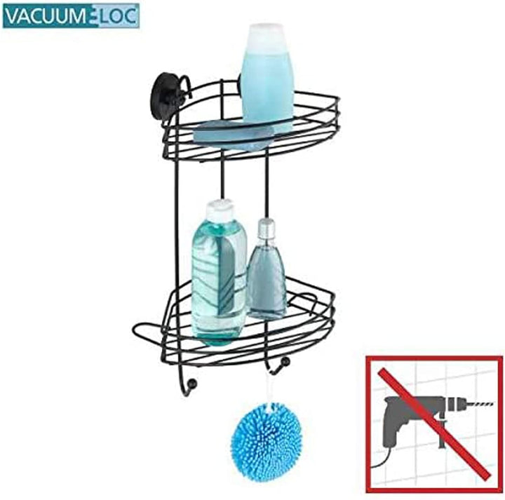 WENKO Vacuum-Loc® Eckregal 2 Etagen Schwarz, Duschablage mit 2 Ebenen und 2 Haken aus lackiertem Sta