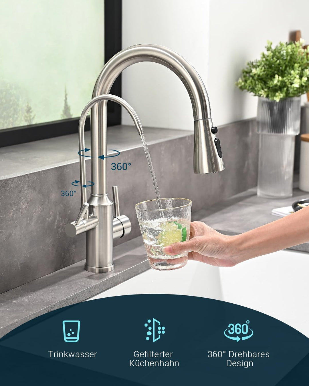 APPASO 3 Wege Wasserhahn Küche ohne Wasserfilter, 3 in 1 Mischbatterie Küche für Wasserfilter，Gebürs
