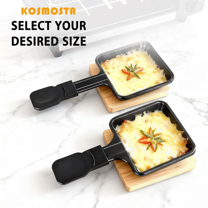 Pfännchen Mini 4 Stücke Antihaftbeschichtet Grill Pfännchen Viereckig Mini Raclette Grill mit 4 Holz