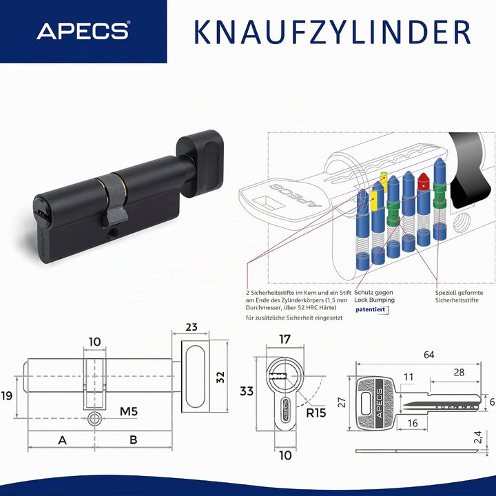 Knaufzylinder schwarz APECS Schliesszylinder mit Knauf Zylinderschloss 100 (45/55C) mm fur Türschlos