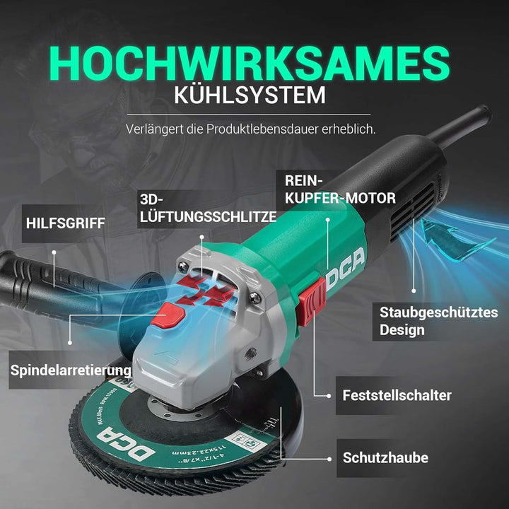 DCA 860W Winkelschleifer 125 mm, 11.800 min⁻¹, Ultraschlanker Griff (178 mm Griffumfang), Kompaktes