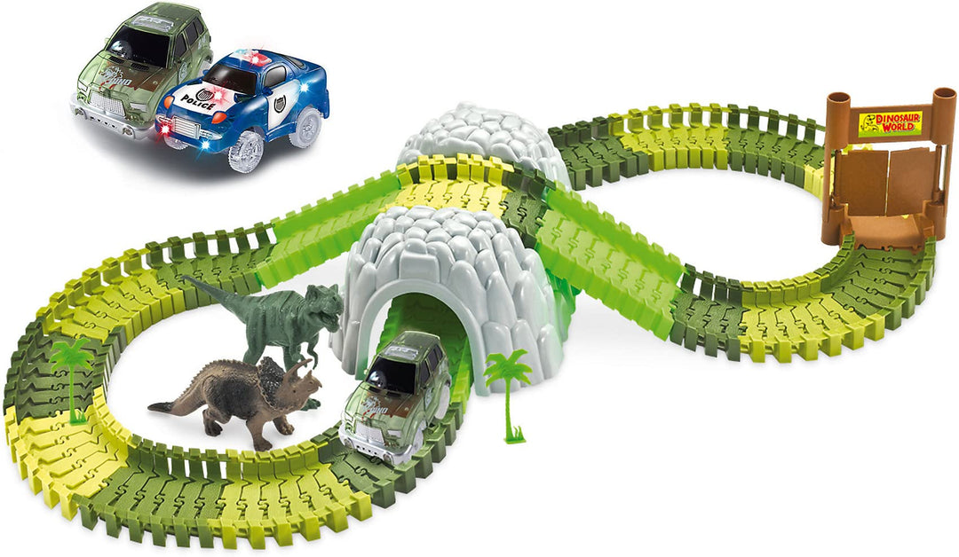 Amewi Rennbahn Magic TRAXX, Autorennen im Dino Park, 374 Teile Mega Set mit Tunnel und Aufbewahrungs