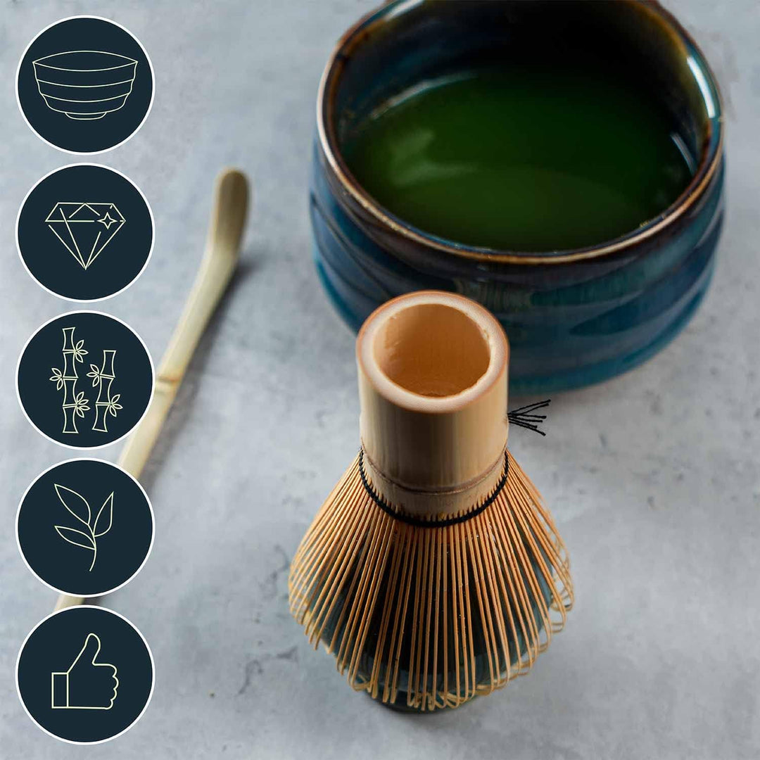 Dimono Original Matcha Tee-Set Deluxe mit Matcha-Schale, Bambus-Besen, Besenhalter, Dosierlöffel - D