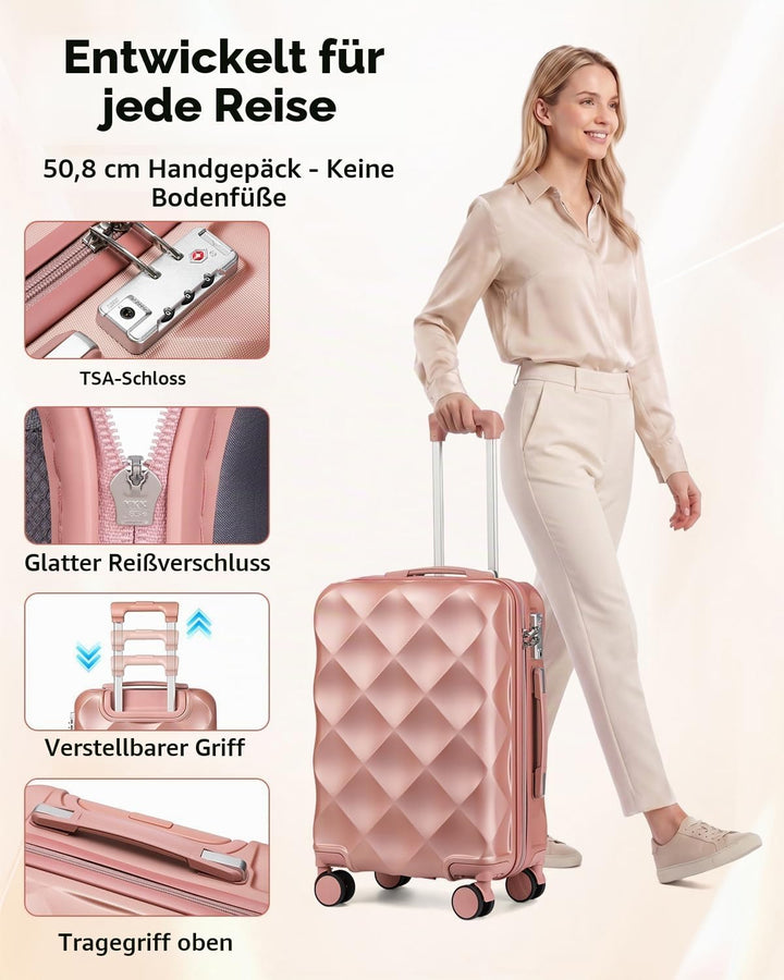 Handgepäck Koffer Trolley ABS Leicht Reisekoffer Hardschale 4 Rollen und TSA Schloss Mit 1 Reisetasc