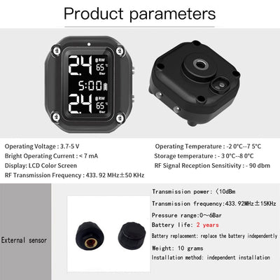 Shkalacar Reifendruck-Kontrollsystem Motorrad TPMS, Drahtloses USB-Lade-TPMS für Motorräder mit 2 ex