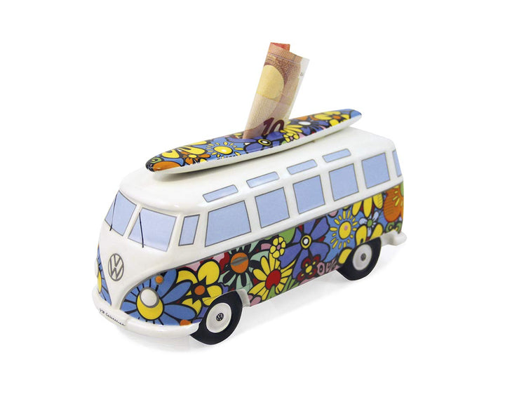 BRISA VW Collection - Volkswagen Spar-Büchse-Schwein-Dose mit Surfbrett im T1 Bulli Bus Samba Design