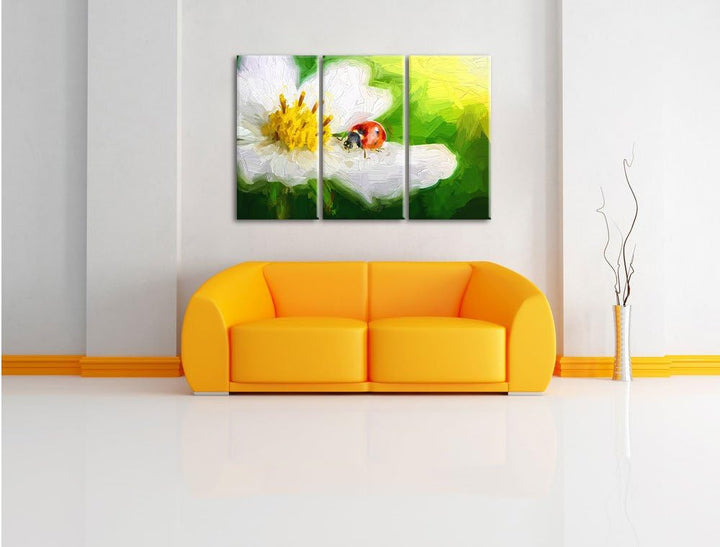 Pixxprint Marienkäfer auf Einer weissen Blume Kunst Pinsel Effekt 3-Teiler Leinwandbild 120x80 Bild