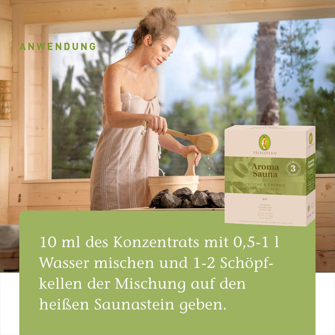 PRIMAVERA Set Aroma Sauna Frische & Energie bio 3 x 10 ml – Atemkraft, Energiequelle, Zitrusfreude –