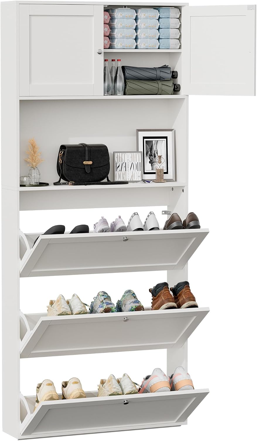 ELUCHANG Schuhschrank schmal Platzsparender mit 3 Klappen Schuhkipper Schuhkommode, Offene Mittelabl