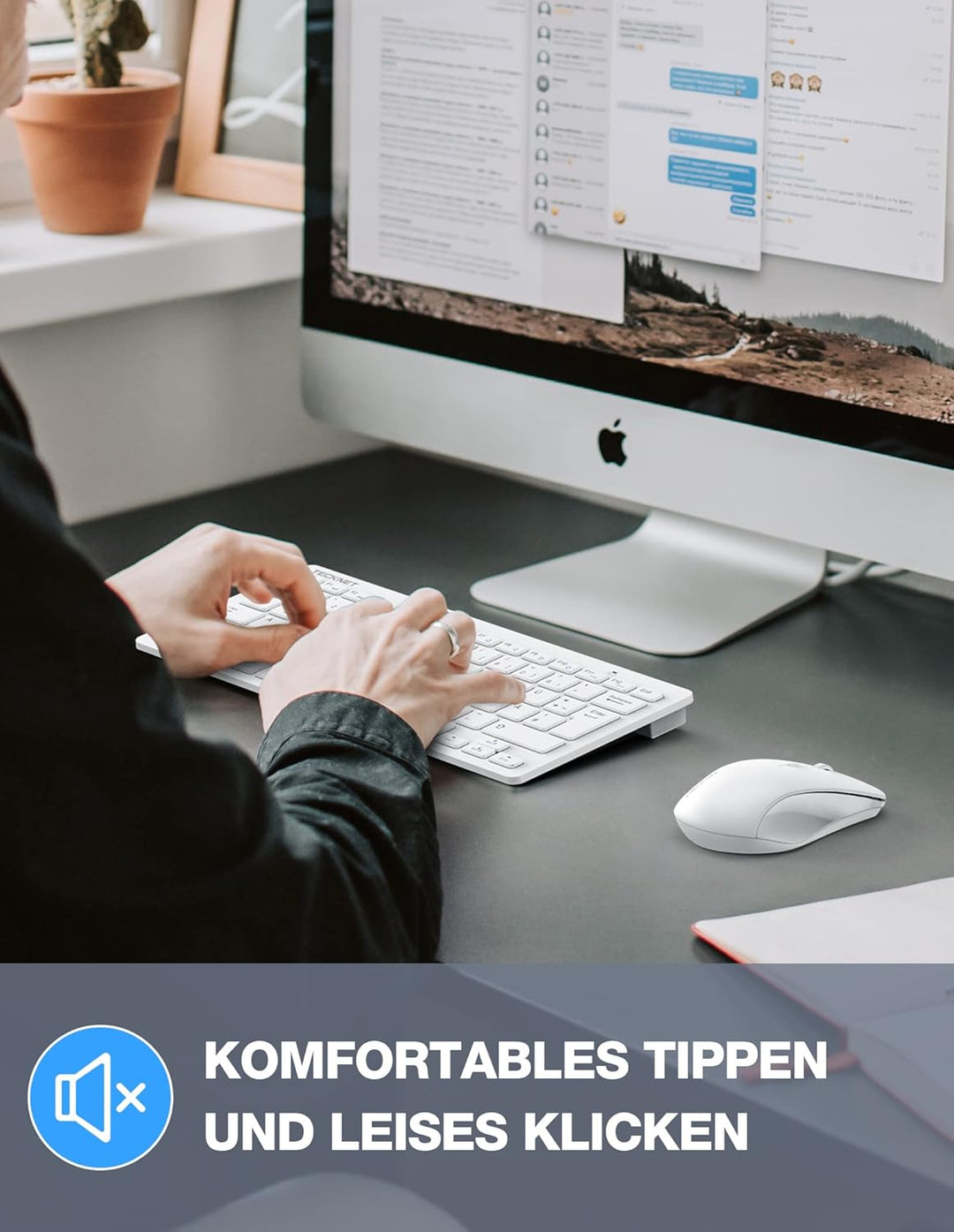 TECKNET Kabelloses Tastatur Maus Set, Deutsch QWERTZ Layout, 2.4 GHz Funk Mini Tastatur Mouse, 15m R