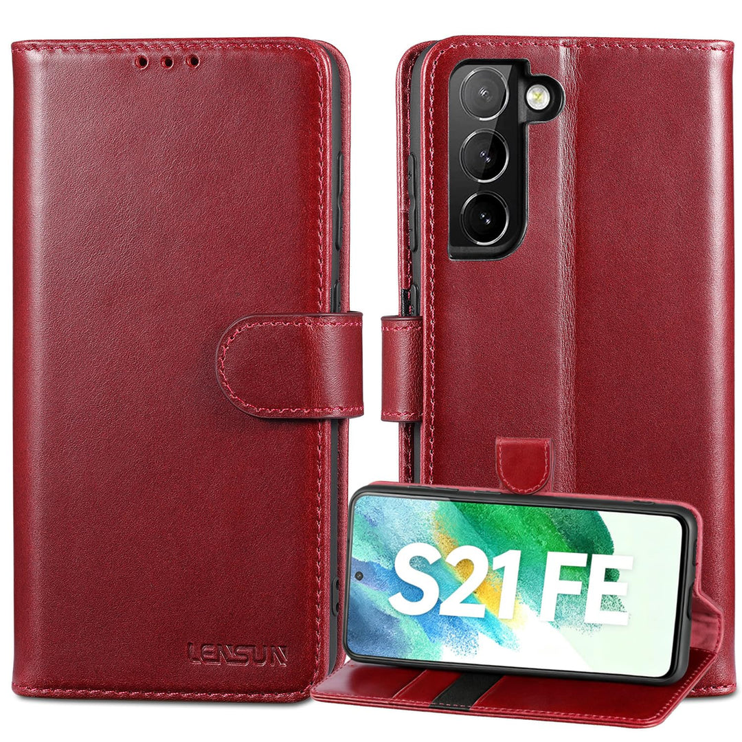 LENSUN Echtleder Hülle für Samsung Galaxy S21 FE, Handyhülle [Premium Echtes Leder] [Kartenfach] [RF