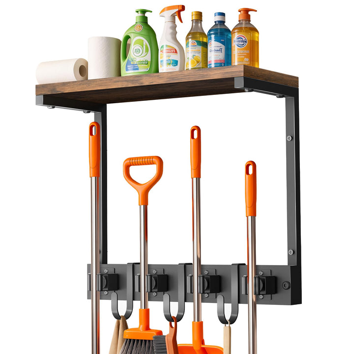 Supforce Besenhalter Wandmontage mit oberer Holzablage, robuster Gerätehalter aus Metall für Reinigu