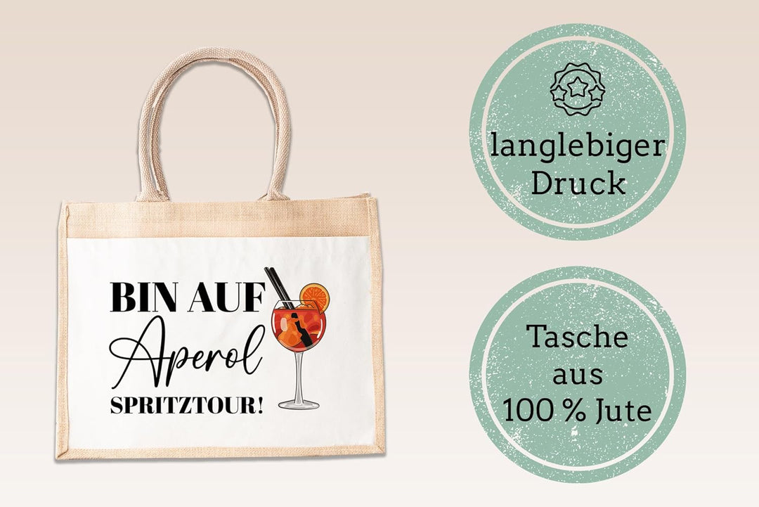 LIEBTASTISCH - Nachhaltige Jutetasche - Ich bin auf Aperol Spritz Tour - hochwertig - Einkaufstasche