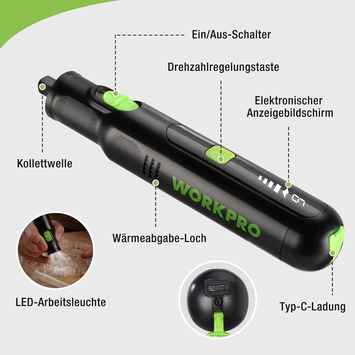 WORKPRO 7,2 V Kabellos Drehwerkzeug Set, Multifunktionswerkzeug mit 117 Zubehörteilen, mit 6 einstel