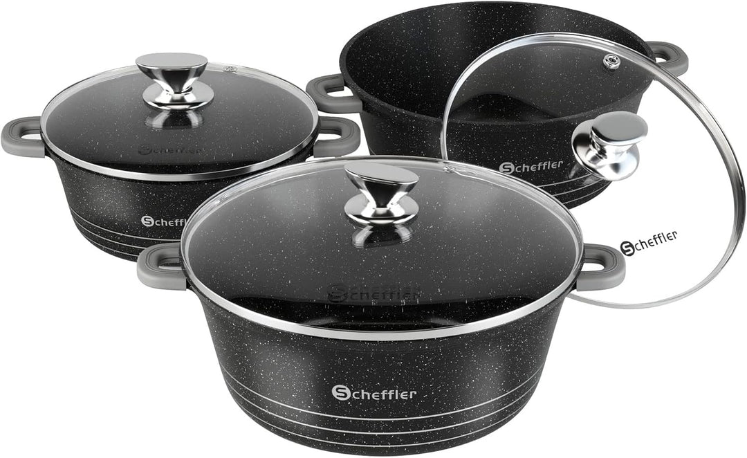Scheffler Topfset mit Glasdeckel, 24cm,4L/28cm,6L/32cm,10L, Kochtopf Set Induktions Töpfe Set, mit A