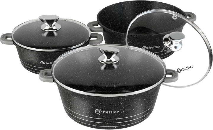 Scheffler Topfset mit Glasdeckel, 24cm,4L/28cm,6L/32cm,10L, Kochtopf Set Induktions Töpfe Set, mit A