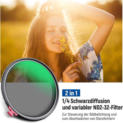 NEEWER 2 in 1 62mm Black Diffusion 1/4 Effekt mit ND2-ND32 Variable ND Filter kein X Kreuz Graufilte