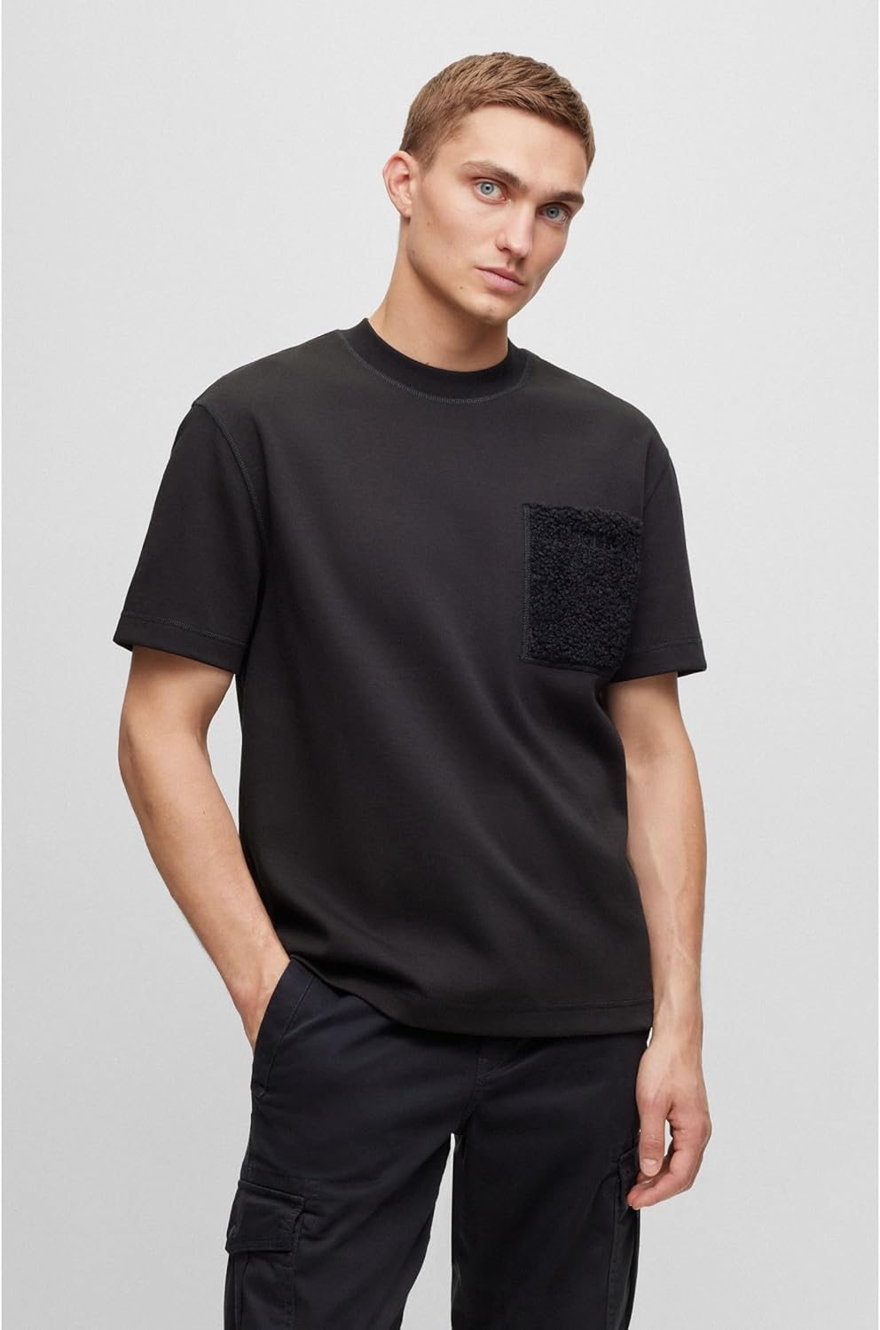 BOSS Herren Teeteddy Oversized T-Shirt aus Interlock-Baumwolle mit Teddy-Tasche XS Black1, XS Black1