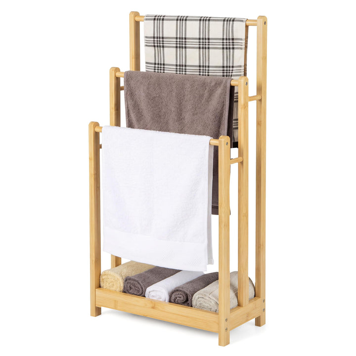COSTWAY Handtuchständer freistehend, Handtuchhalter Holz mit 3 Handtuchstangen &amp; unterer Ablage &amp; Ki