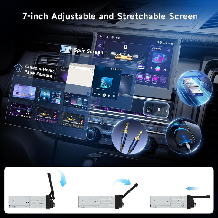 Hodozzy 6G+128GB Android 15 Autoradio 1 Din Bildschirm Ausfahrbarem mit Carplay Wireless Android Aut